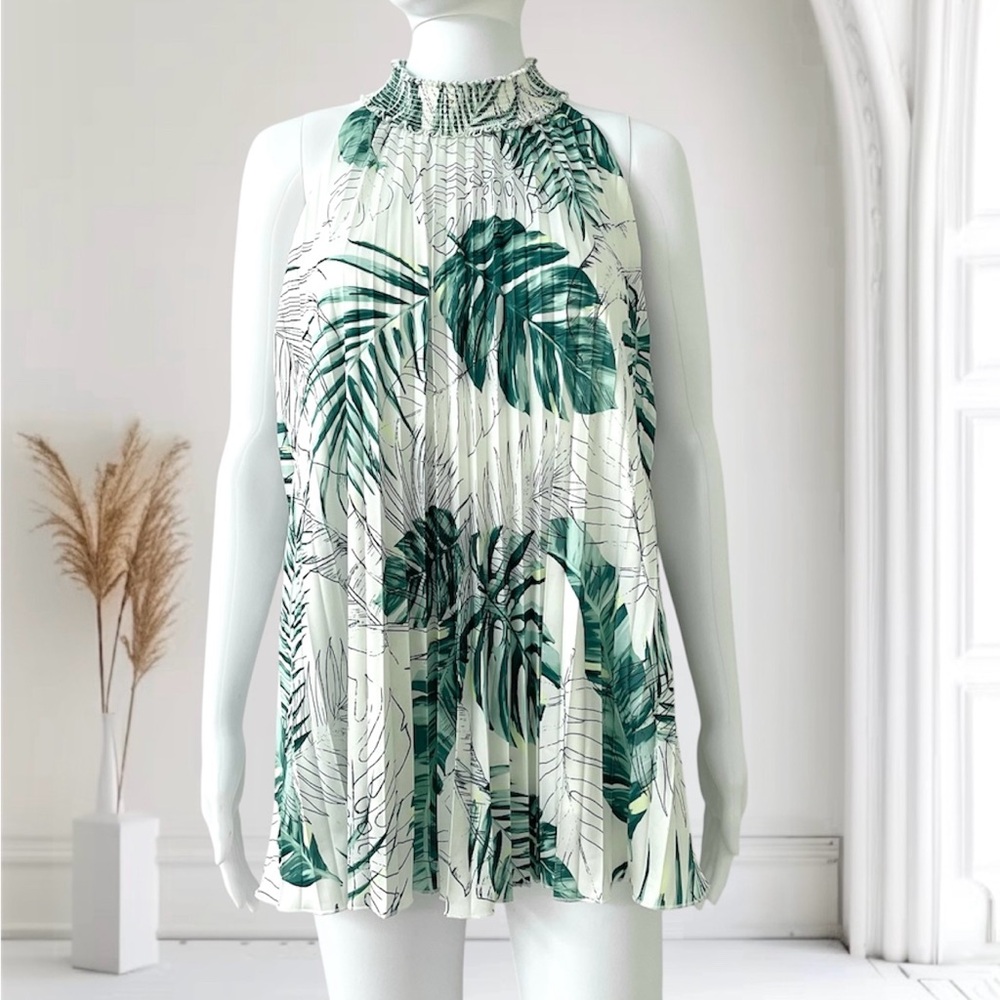 THE LIMITED Pleated Blouse Sleeveless Smocked High Neck Palm Leaf Print Lined